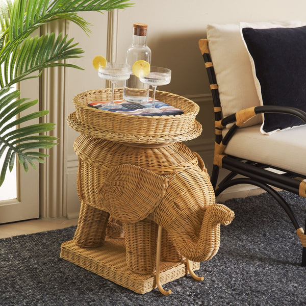 Safavieh Balford Sculptural Elephant Rattan Accent Table - Unique Organic Design For Stylish Living Spaces Natural SEA7038A