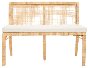 Safavieh Civility Coastal-Inspired Antique Webbing Sofa Bench - Durable Mahogany, Soft White Cushion Seating SEA7040A