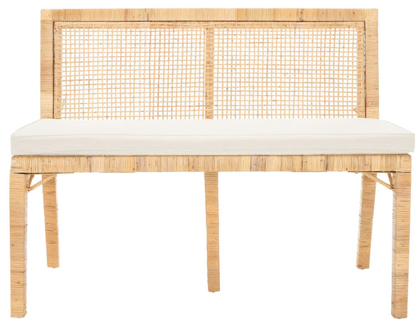 Safavieh Civility Coastal-Inspired Antique Webbing Sofa Bench - Durable Mahogany, Soft White Cushion Seating SEA7040A