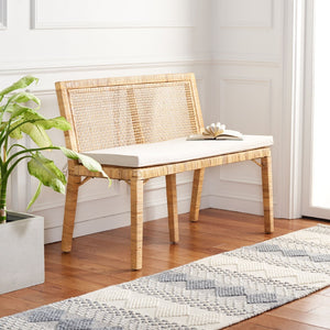 Safavieh Civility Coastal-Inspired Antique Webbing Sofa Bench - Durable Mahogany, Soft White Cushion Seating SEA7040A