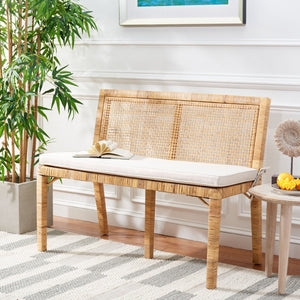 Safavieh Civility Coastal-Inspired Antique Webbing Sofa Bench - Durable Mahogany, Soft White Cushion Seating SEA7040A