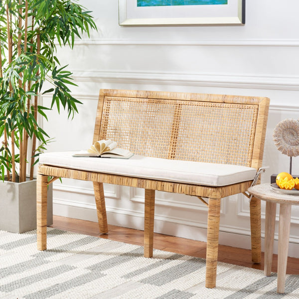 Safavieh Civility Coastal-Inspired Antique Webbing Sofa Bench - Durable Mahogany, Soft White Cushion Seating SEA7040A