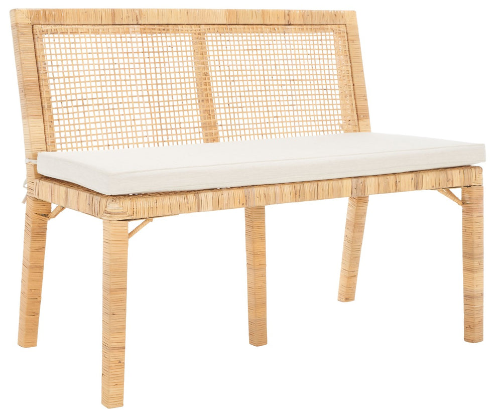 Safavieh Civility Coastal-Inspired Antique Webbing Sofa Bench - Durable Mahogany, Soft White Cushion Seating SEA7040A