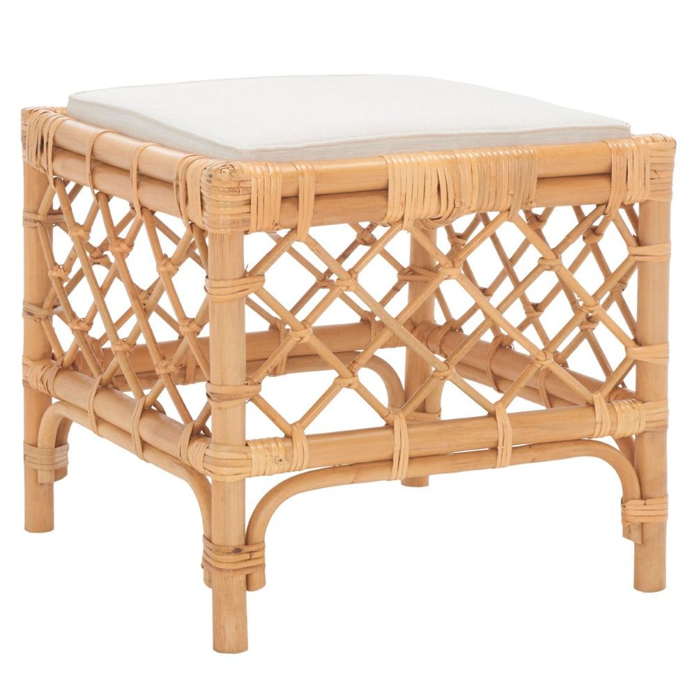 Safavieh Larroux Rattan Ottoman With Cushion - Stylish Footrest For Coastal, Boho & Transitional Decor SEA7044A