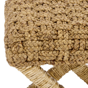 Trishan Woven Stool With Handwoven Water Hyacinth & Abaca On Mahogany Frame — Durable, Cozy Accent Seat