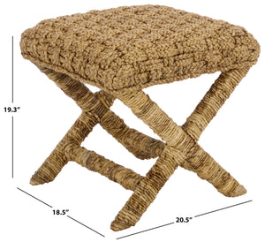 Trishan Woven Stool With Handwoven Water Hyacinth & Abaca On Mahogany Frame — Durable, Cozy Accent Seat
