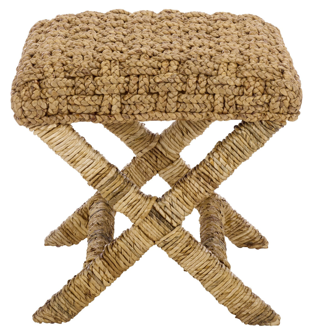 Trishan Woven Stool With Handwoven Water Hyacinth & Abaca On Mahogany Frame — Durable, Cozy Accent Seat