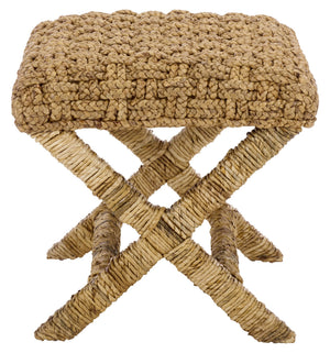 Trishan Woven Stool With Handwoven Water Hyacinth & Abaca On Mahogany Frame — Durable, Cozy Accent Seat