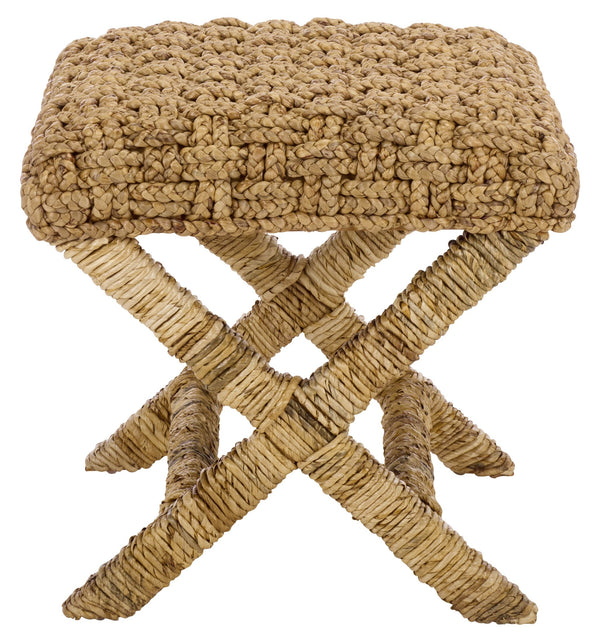 Trishan Woven Stool With Handwoven Water Hyacinth & Abaca On Mahogany Frame — Durable, Cozy Accent Seat