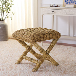 Trishan Woven Stool With Handwoven Water Hyacinth & Abaca On Mahogany Frame — Durable, Cozy Accent Seat