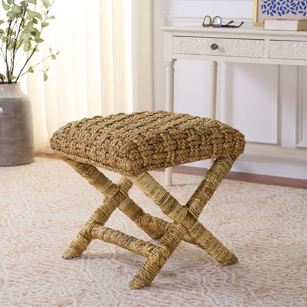 Trishan Woven Stool With Handwoven Water Hyacinth & Abaca On Mahogany Frame — Durable, Cozy Accent Seat