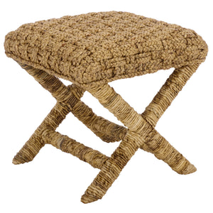 Trishan Woven Stool With Handwoven Water Hyacinth & Abaca On Mahogany Frame — Durable, Cozy Accent Seat