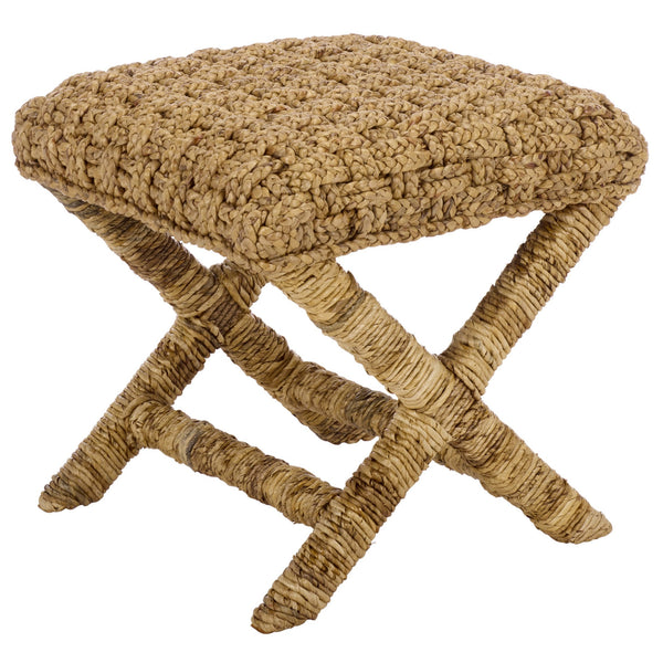 Trishan Woven Stool With Handwoven Water Hyacinth & Abaca On Mahogany Frame — Durable, Cozy Accent Seat