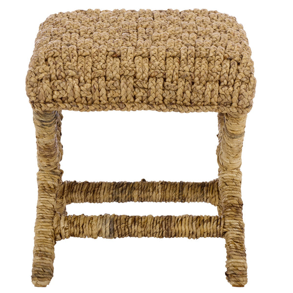 Trishan Woven Stool With Handwoven Water Hyacinth & Abaca On Mahogany Frame — Durable, Cozy Accent Seat
