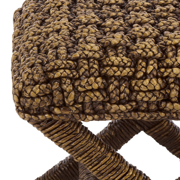 Trishan Woven Stool With Handwoven Water Hyacinth & Abaca On Mahogany Frame — Durable, Cozy Accent Seat