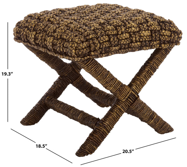 Trishan Woven Stool With Handwoven Water Hyacinth & Abaca On Mahogany Frame — Durable, Cozy Accent Seat