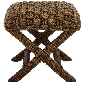 Trishan Woven Stool With Handwoven Water Hyacinth & Abaca On Mahogany Frame — Durable, Cozy Accent Seat