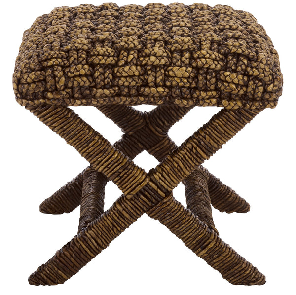 Trishan Woven Stool With Handwoven Water Hyacinth & Abaca On Mahogany Frame — Durable, Cozy Accent Seat