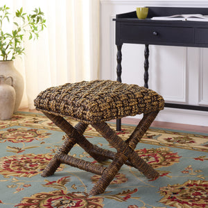 Trishan Woven Stool With Handwoven Water Hyacinth & Abaca On Mahogany Frame — Durable, Cozy Accent Seat