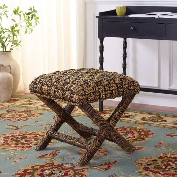 Trishan Woven Stool With Handwoven Water Hyacinth & Abaca On Mahogany Frame — Durable, Cozy Accent Seat