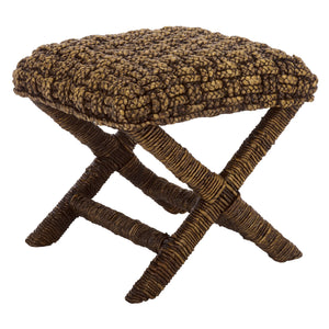 Trishan Woven Stool With Handwoven Water Hyacinth & Abaca On Mahogany Frame — Durable, Cozy Accent Seat