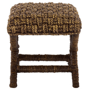 Trishan Woven Stool With Handwoven Water Hyacinth & Abaca On Mahogany Frame — Durable, Cozy Accent Seat