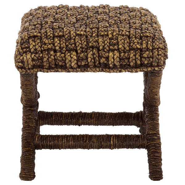 Trishan Woven Stool With Handwoven Water Hyacinth & Abaca On Mahogany Frame — Durable, Cozy Accent Seat