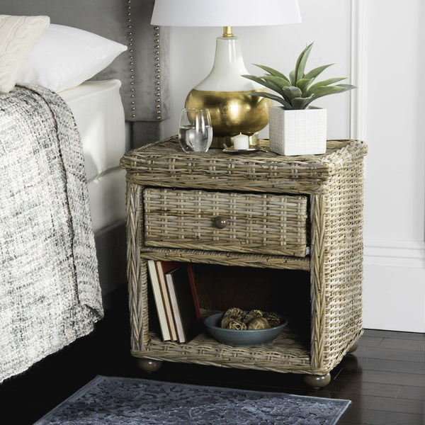 Safavieh Lagos Natural Grey Wicker Nightstand – Coastal Charm With Drawer & Open Shelf For Stylish Storage SEA8000A