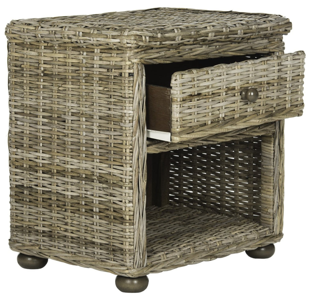 Safavieh Lagos Natural Grey Wicker Nightstand – Coastal Charm With Drawer & Open Shelf For Stylish Storage SEA8000A