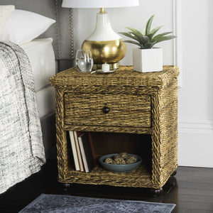 Safavieh Magi Natural Brown Wicker Nightstand With Drawer & Open Storage - Tropical Style For Bedroom Decor SEA8001A