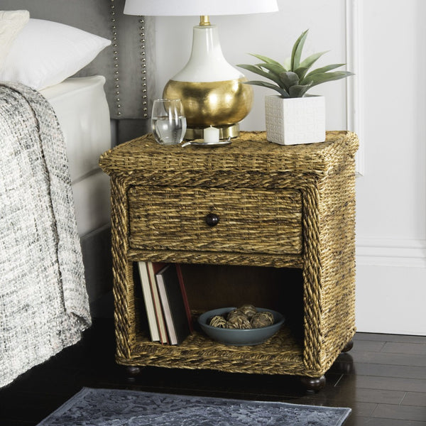 Safavieh Magi Natural Brown Wicker Nightstand With Drawer & Open Storage - Tropical Style For Bedroom Decor SEA8001A