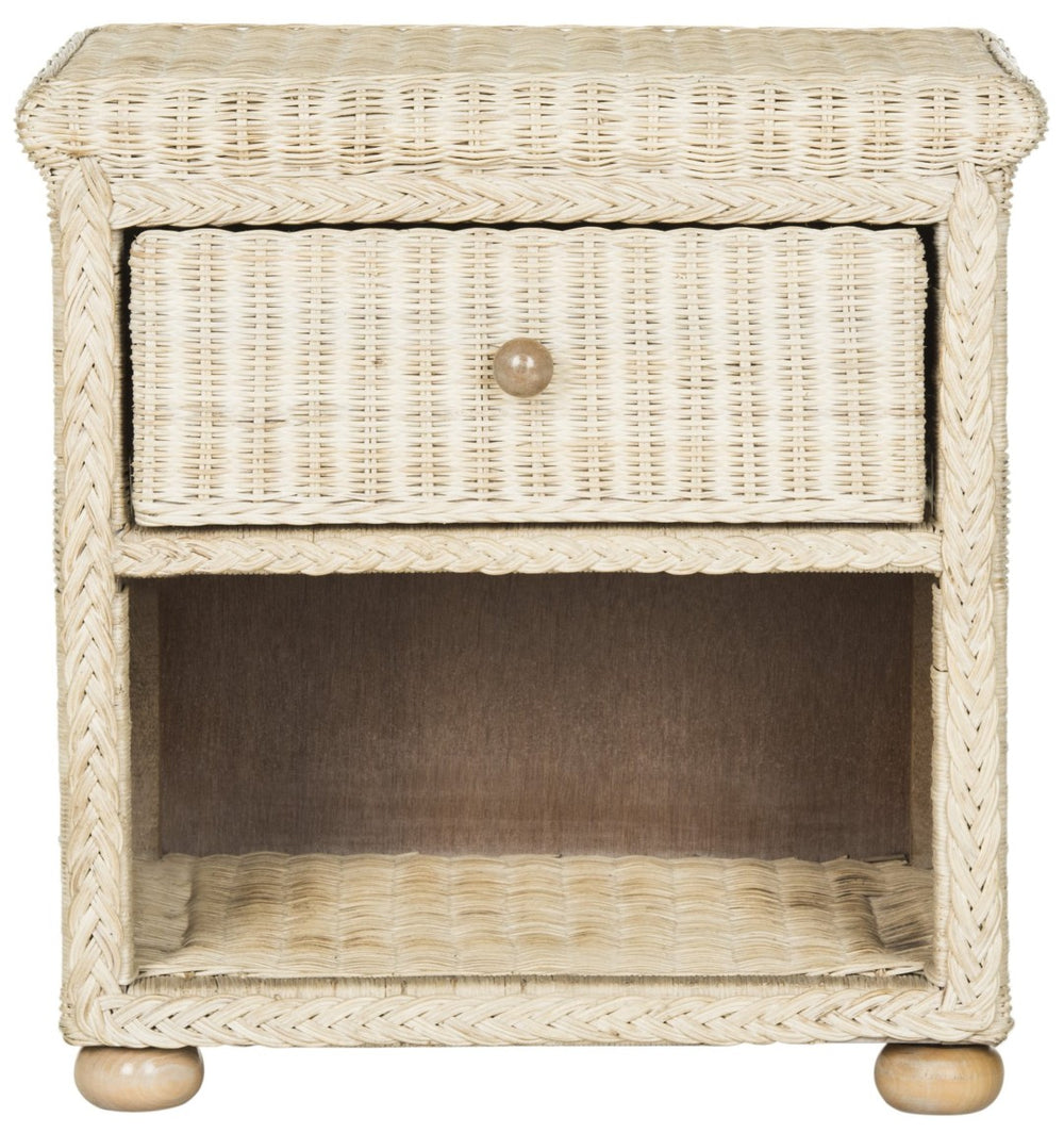 Safavieh Adira Handcrafted White-Wash Wicker Nightstand With Drawer & Open Storage For Coastal Elegance SEA8002A