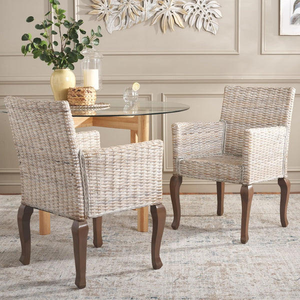 Safavieh ARMONDO Dining Arm Chair - Elegant Organic Fiber Upholstery with Kubu-Inspired Details & Comfort White Washed SEA8019B-SET2