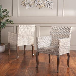 Safavieh ARMONDO Dining Arm Chair - Elegant Organic Fiber Upholstery with Kubu-Inspired Details & Comfort White Washed SEA8019B-SET2