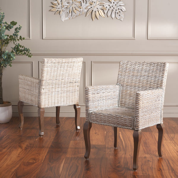 Safavieh ARMONDO Dining Arm Chair - Elegant Organic Fiber Upholstery with Kubu-Inspired Details & Comfort White Washed SEA8019B-SET2