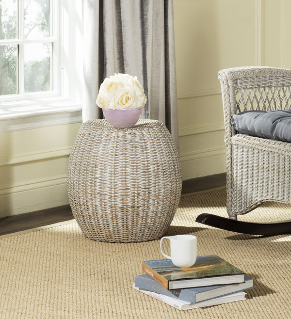 Safavieh Remi Wicker End Table – Chic Barrel Stool Design For Modern Living Spaces, Versatile Accent Piece Antique Grey SEA8022B