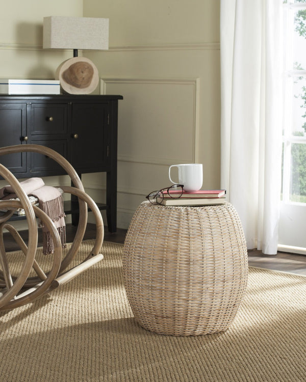 Safavieh Remi Wicker End Table – Chic Barrel Stool Design For Modern Living Spaces, Versatile Accent Piece White Washed SEA8022C