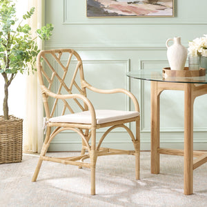 Safavieh Olala Rattan Arm Dining Chair - Natural & Cream, Elegant Comfort For Every Meal & Interior Style Natural ,Cream Rattan ,Fabric ,Foam Sea8038a