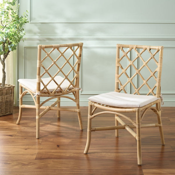 Safavieh HARU Rattan Dining Chair - Natural & Cream Upholstery for Timeless Style and Ultimate Comfort SEA8039A-SET2