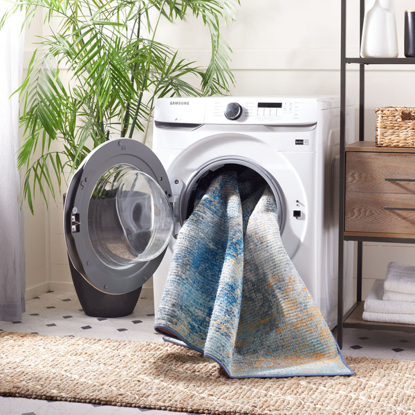 Safavieh Sequoia Elegant Abstract Area Rug – Luxurious Polyester Design For Comfort & Style In Any Home Ivory Blue ,Gold Polyester Seq100a-7r