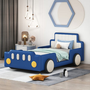 English Elm Twin Race Car Platform Bed for Kids Pine Wood Frame with Safety Rails Blue SF000127AAC-1