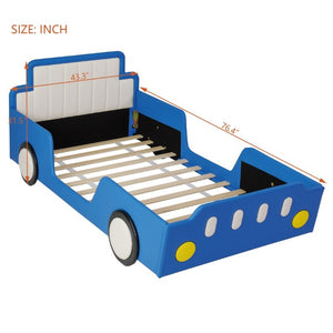 English Elm Twin Race Car Platform Bed for Kids Pine Wood Frame with Safety Rails Blue SF000127AAC-1
