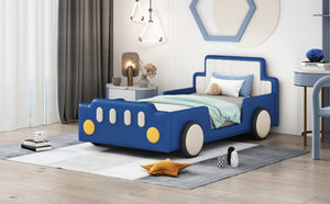 English Elm Twin Race Car Platform Bed for Kids Pine Wood Frame with Safety Rails Blue SF000127AAC-1