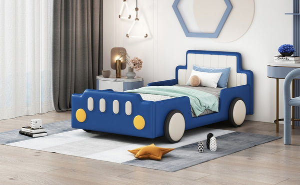 English Elm Twin Race Car Platform Bed for Kids Pine Wood Frame with Safety Rails Blue SF000127AAC-1