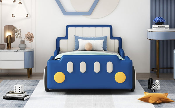 English Elm Twin Race Car Platform Bed for Kids Pine Wood Frame with Safety Rails Blue SF000127AAC-1