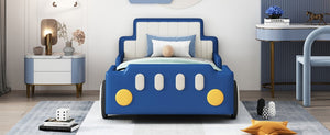 English Elm Twin Race Car Platform Bed for Kids Pine Wood Frame with Safety Rails Blue SF000127AAC-1