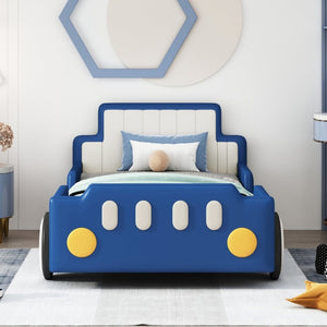 English Elm Twin Race Car Platform Bed for Kids Pine Wood Frame with Safety Rails Blue SF000127AAC-1