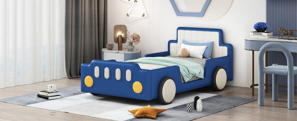 English Elm Twin Race Car Platform Bed for Kids Pine Wood Frame with Safety Rails Blue SF000127AAC-1