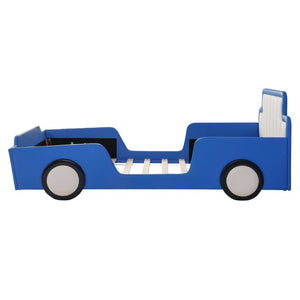 English Elm Twin Race Car Platform Bed for Kids Pine Wood Frame with Safety Rails Blue SF000127AAC-1