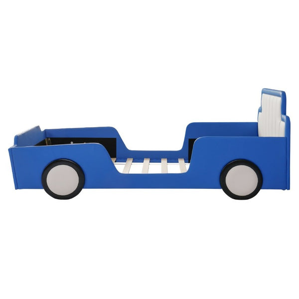 English Elm Twin Race Car Platform Bed for Kids Pine Wood Frame with Safety Rails Blue SF000127AAC-1